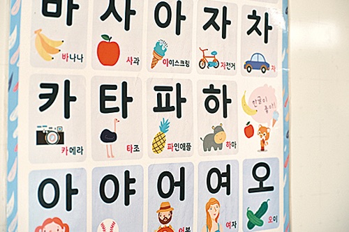 ハングルの文字とイラストが並ぶ学習ポスター
